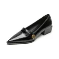 Black pointed-toe Mary Jane pumps with gold rose buckle and comfortable block heels - EU 34 / Black