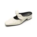 Elegant cream square-toe bow mule sandals with pleated leather and chunky low heels - EU 34 / Apricot