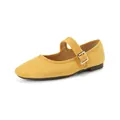 French style bright yellow suede Mary Jane ballet flats with round toe and buckle strap - EU 35 / Yellow