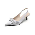 Elegant silver satin pointed toe slingback pumps with a delicate bow and slim heel - EU 34 / Gray