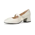 Retro Mary Jane block heels featuring floral jacquard fabric and pearl strap detail - EU 34 / Apricot