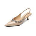 Elegant nude pointed toe slingback heels with sparkling rhinestone trim and glossy finish - EU 34 / Nude
