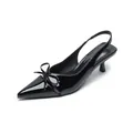 Elegant black patent leather pointed toe kitten heel sandals with bow detail - EU 34 / Black