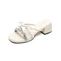 Creamy white block heel sandals with bow detail and sparkling rhinestone straps - EU 34 / Apricot