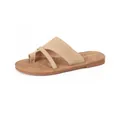 Women's genuine leather flat slide sandals with toe loop and khaki suede finish - EU 35 / Apricot