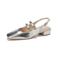 Elegant silver square toe Mary Jane slingback pumps with three adjustable buckle straps - 34 / Silver