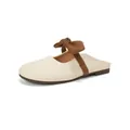 Elegant off-white flat mule shoes with brown leather bow and pointed closed-toe design - EU 35 / Beige