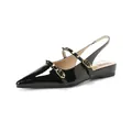 Elegant black patent leather slingback flat with gold rivet straps and pointed toe - EU 35 / Black
