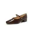 French square toe Mary Jane shoes in dark brown glossy leather with a low block heel - EU 35 / Brown