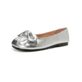 Silver metallic ballet flats with bow detail and pleated round toe on white background - 35 / Silver