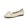 Elegant beige square toe ballet flats for women with lace bow and pearl details - 35 / Off White