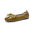 Olive green square toe flat shoes with yellow lace bow and white pearl accents - 35 / Green