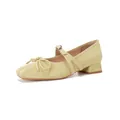 Pale yellow Mary Jane shoes with square toe, decorative bow, and low block heel - EU 34 / Yellow