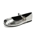 Silver Mary Jane flats with round toe and metallic buckle strap on white background - EU 35 / Silver