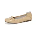 Beige square toe ballet flats for women with soft ribbon bow and flexible flat rubber sole - 35 / Milk Tea