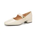 Elegant cream square-toe Mary Jane shoes with chunky heels and gold buckle detail - 35 / Apricot
