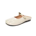 Elegant off-white pointed toe flat mule shoes with pleated detail and gold buckle hardware - EU 35 / Apricot