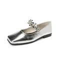 Silver square-toe Mary Jane flats with sparkly rhinestone floral buckles on white background - EU 35 / Silver