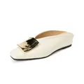 Elegant white square toe mule shoes with polished gold buckle detail in a side-profile view - EU 34 / Apricot