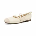 Flat Mary Jane ballet shoes in beige with khaki toe cap and triple elastic cross straps - EU 35 / Apricot