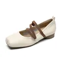 Classic beige matte leather Mary Jane shoes with square toe and triple brown straps - EU 35 / Apricot