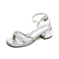 Elegant silver block heel sandals with rhinestone straps and adjustable ankle buckle - EU 34 / Silver