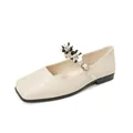 Elegant cream Mary Jane flat shoes with square toe and sparkling rhinestone flower details - EU 35 / Apricot