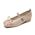 Elegant beige patent leather Mary Jane shoes with square toe and delicate bow accent - 35 / Pink