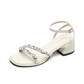 Elegant white block heel sandals with rhinestone straps and an adjustable ankle buckle - EU 34 / Apricot