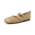 Beige Mary Jane ballet flats with triple elastic straps and leather round toe finish - EU 35 / Khaki
