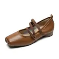 Retro brown square toe Mary Jane flats with three elastic straps and low block heel - EU 35 / Brown