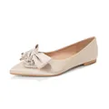Elegant champagne satin pointed toe flats for women with rhinestone bow decoration - EU 35 / Apricot