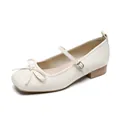 Creamy white Mary Jane shoes with square toe and delicate bow detail in a classic style - 35 / Off White