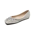 Elegant square toe flat shoes with sparkling rhinestones and pearls on satin fabric - EU 35 / Square Toe Style (Beige)