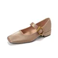 Elegant champagne silk square toe Mary Jane shoes with thick heels and gold buckle - EU 34 / Champagne
