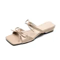 Apricot patent leather square toe flat mule sandals with bow straps for women - EU 35 / Nude