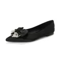 Elegant black pointed-toe flat shoes featuring a fabric bow with rhinestones and pearls - EU 35 / Black