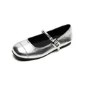 Silver Mary Jane ballet flats with metallic finish and square buckle strap on white background - EU 35 / Silver