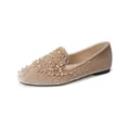 Elegant champagne velvet flat loafers for women with sparkling crystal beads and round toe - EU 35 / Khaki