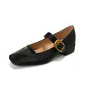 Elegant black leather square toe Mary Jane shoes with vintage gold buckle and low block heel - EU 34 / Black