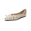 Elegant cream pointed ballet flats with bow and pearl embellishment on white background - 35 / Off White