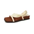Retro platform square toe sandals for women featuring cream straps and brown suede footbed - EU 35 / Apricot