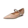 Elegant nude patent leather pointed-toe Mary Jane flats with rhinestone and pearl strap - 35 / Nude