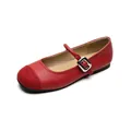 Classic red Mary Jane flat shoes for women with adjustable silver metal buckle strap - EU 35 / Red