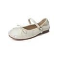 Elegant off-white Mary Jane flats for girls with bow detail and adjustable metal strap - 35 / Off White
