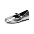 Silver Mary Jane ballet flats with metallic crinkled texture and buckled strap on white background - EU 34 / Silver