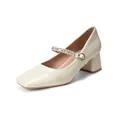 Zapatos Mary Jane crema con punta cuadrada, cadena de strass y tacón ancho - EU 38 / Beige