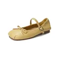 Elegant pale yellow leather Mary Jane flats with bow detail and adjustable metal strap - 35 / Yellow