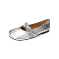 Silver ballet flat shoe with Tabi-style toe and floral strap on white background - EU 35 / Silver