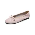 Pink woven leather ballet flats with round toe and bow detail on a white background - 35 / Pink